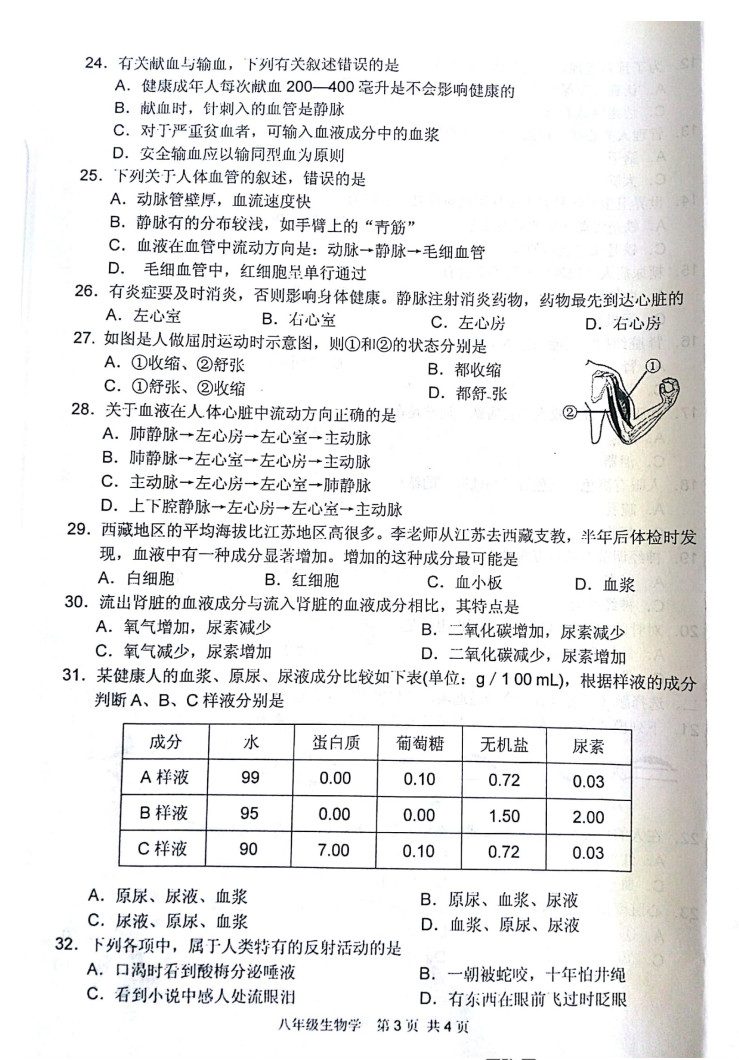 2019-2020江苏淮安八年级生物上册期中试题含答案（图片版）