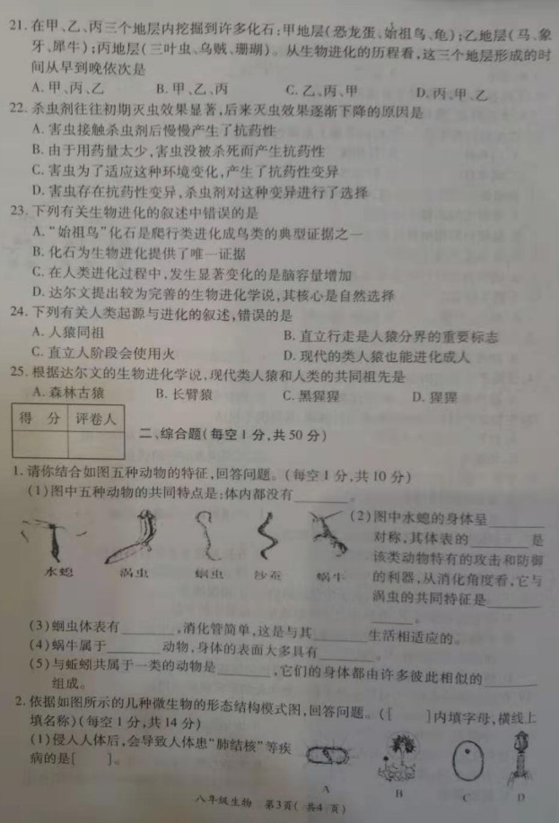 2019-2020洛阳市孟津县八年级生物上册期中试题含答案（图片版）