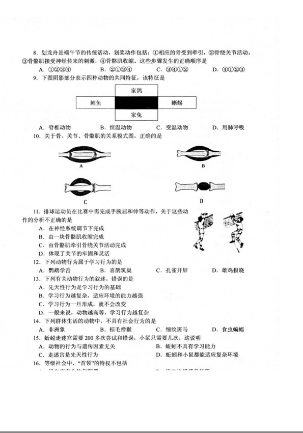 2019-2020河南南阳八年级生物上册期中试题含答案（图片版）