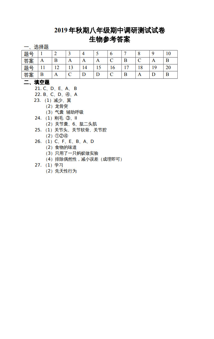 2019-2020河南南阳八年级生物上册期中试题含答案（图片版）