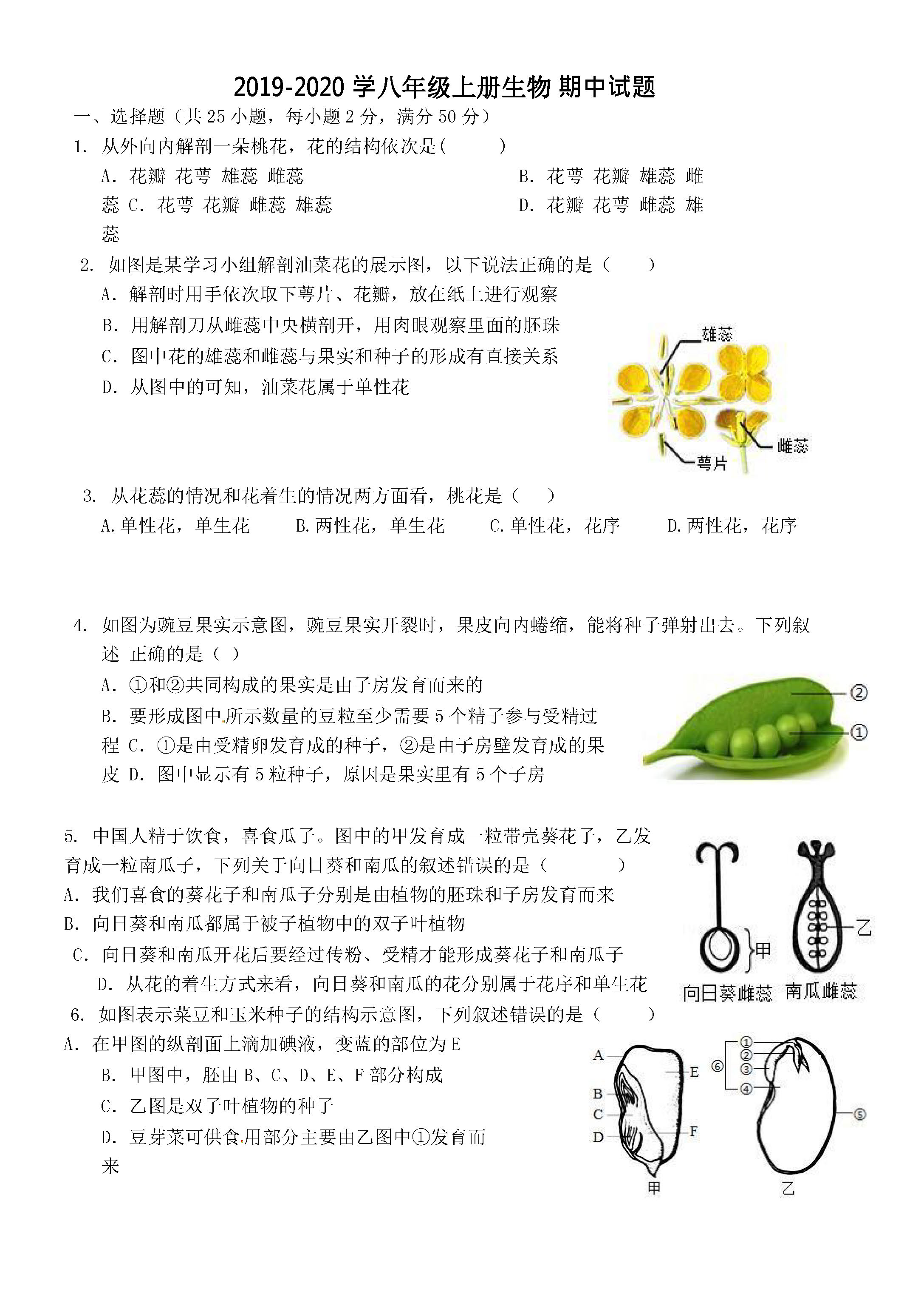 2019-2020济南市历城区八年级生物上册期中试题无答案