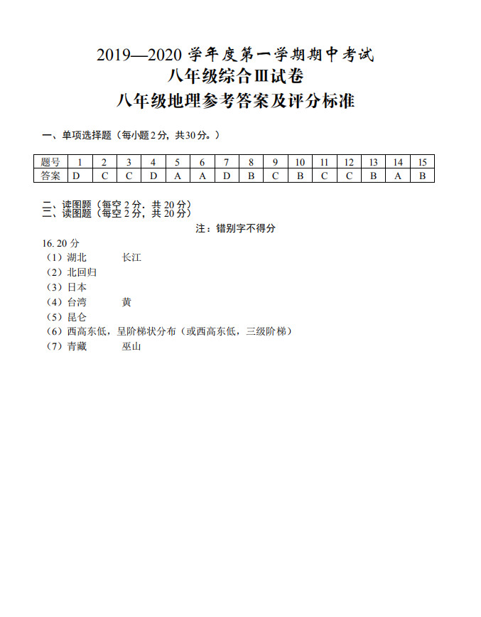 2019-2020江苏省盐城市八年级地理上册期中试题含答案