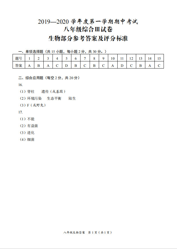 2019-2020江苏盐城八年级生物上册期中试题含答案