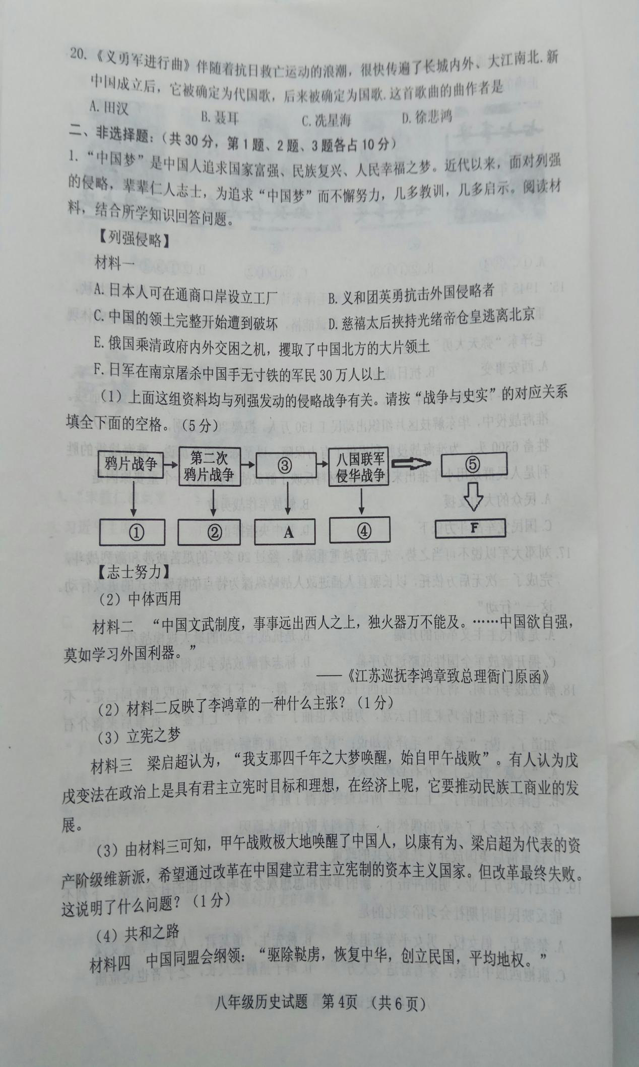 2019-2020菏泽市东明县八年级历史上册期末试题无答案（图片版）