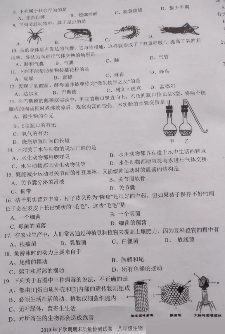 2019-2020湖南省城步苗族自治县八年级生物上册期末试题含答案（图片版）