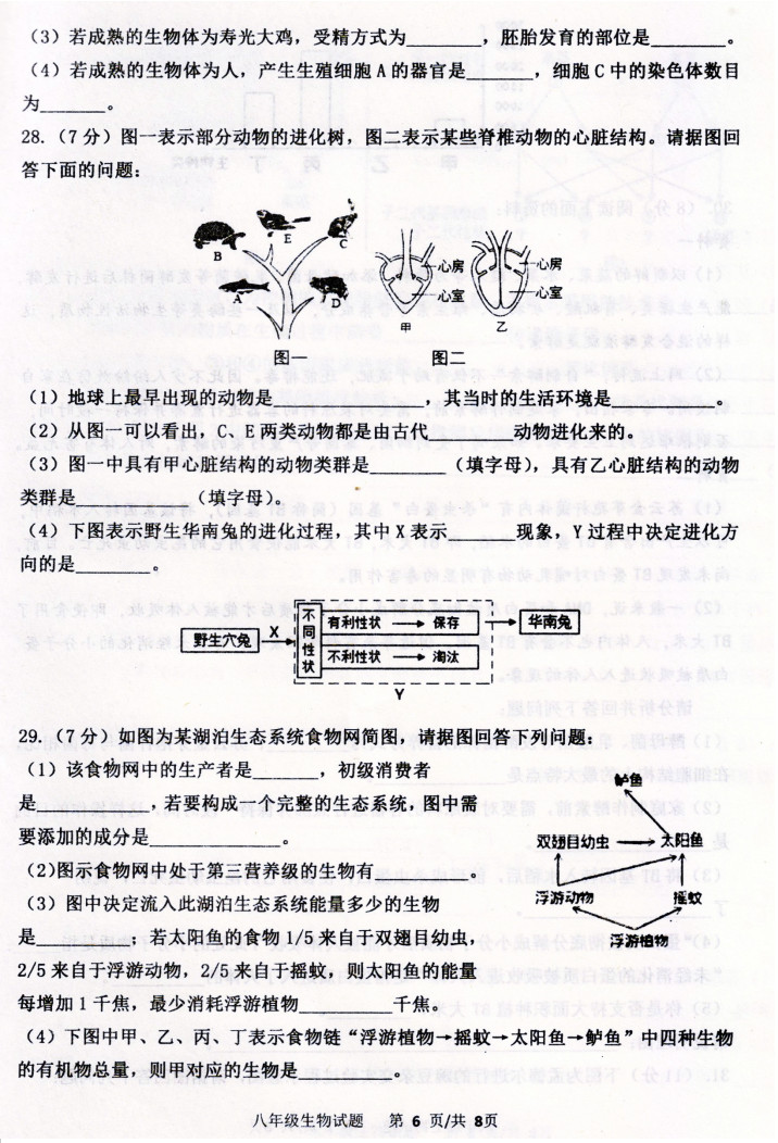 2019-2020山东潍坊八年级生物上册期末试题无答案（图片版）