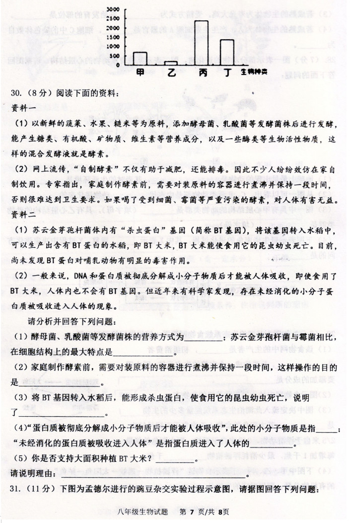 2019-2020山东临朐八年级生物上册期末试题无答案（图片版）