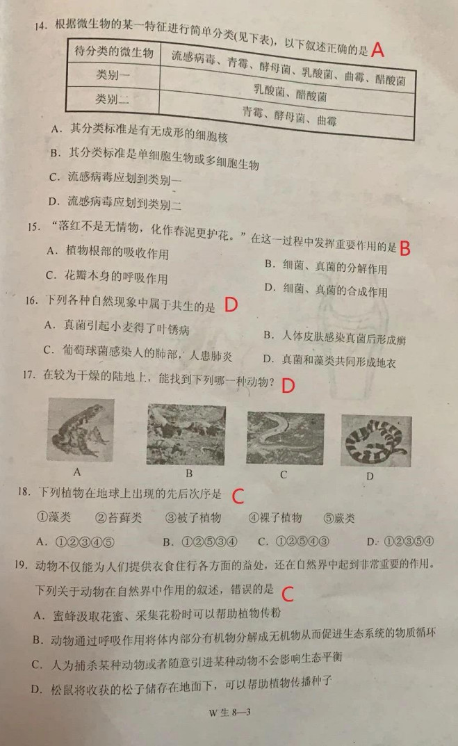 2019-2020重庆巫山县八年级生物上册期末试题（图片版）