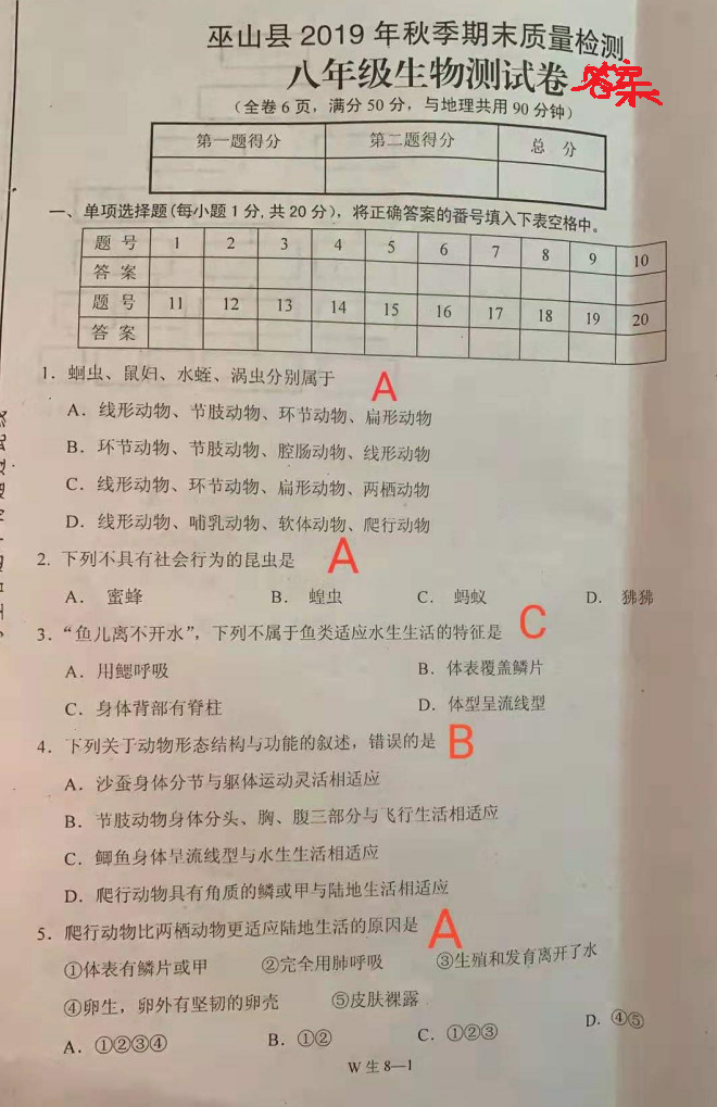 2019-2020重庆巫山县八年级生物上册期末试题（图片版）