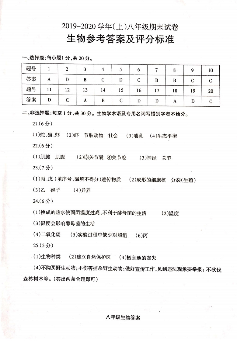 2019-2020河南焦作八年级生物上册期末试题含答案