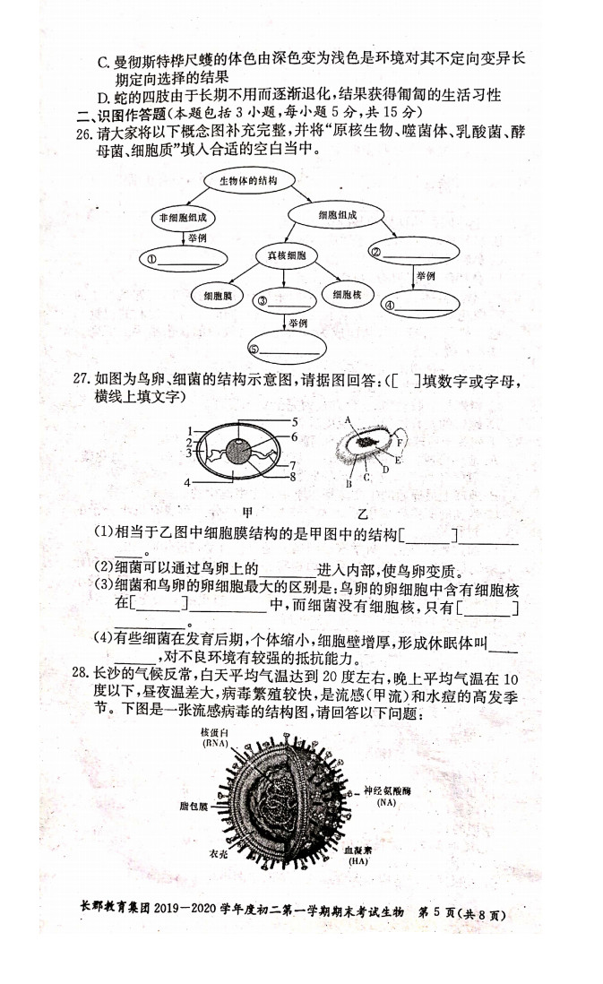 2019-2020湖南长沙八年级生物上册期末试题