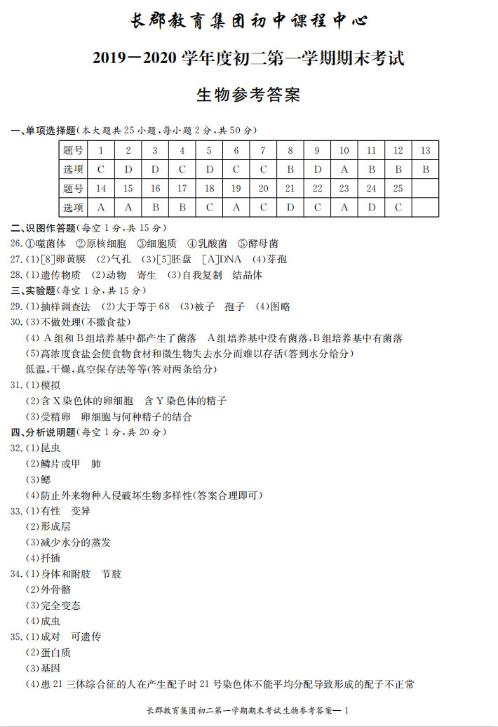 2019-2020湖南长沙八年级生物上册期末试题