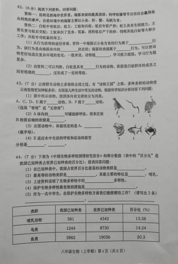 2019-2020云南红河州八年级生物上册期末试题无答案（图片版）