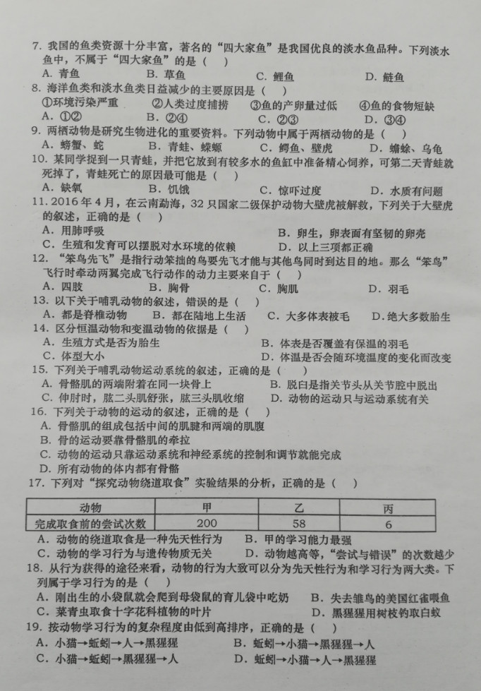 2019-2020红河州建水县八年级生物上册期末试题无答案（图片版）