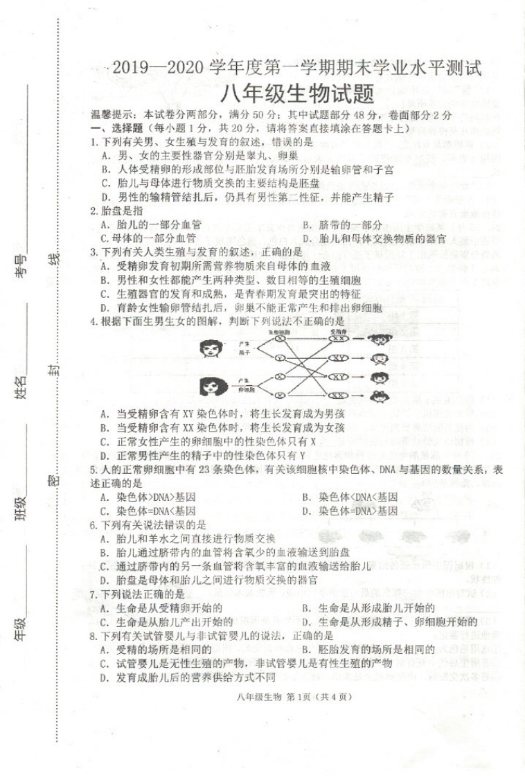 2019-2020菏泽巨野县八年级生物上册期末试题无答案（图片版）