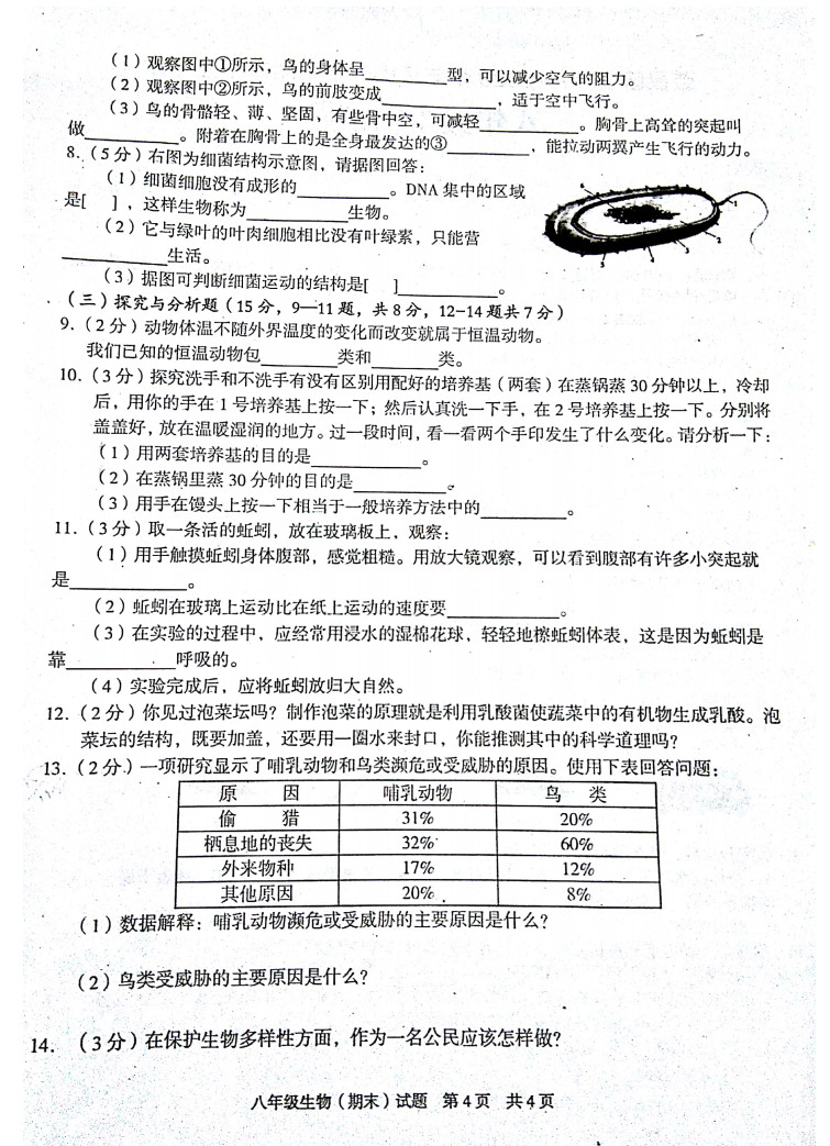 2019-2020重庆荣昌区八年级生物上册期末试题无答案