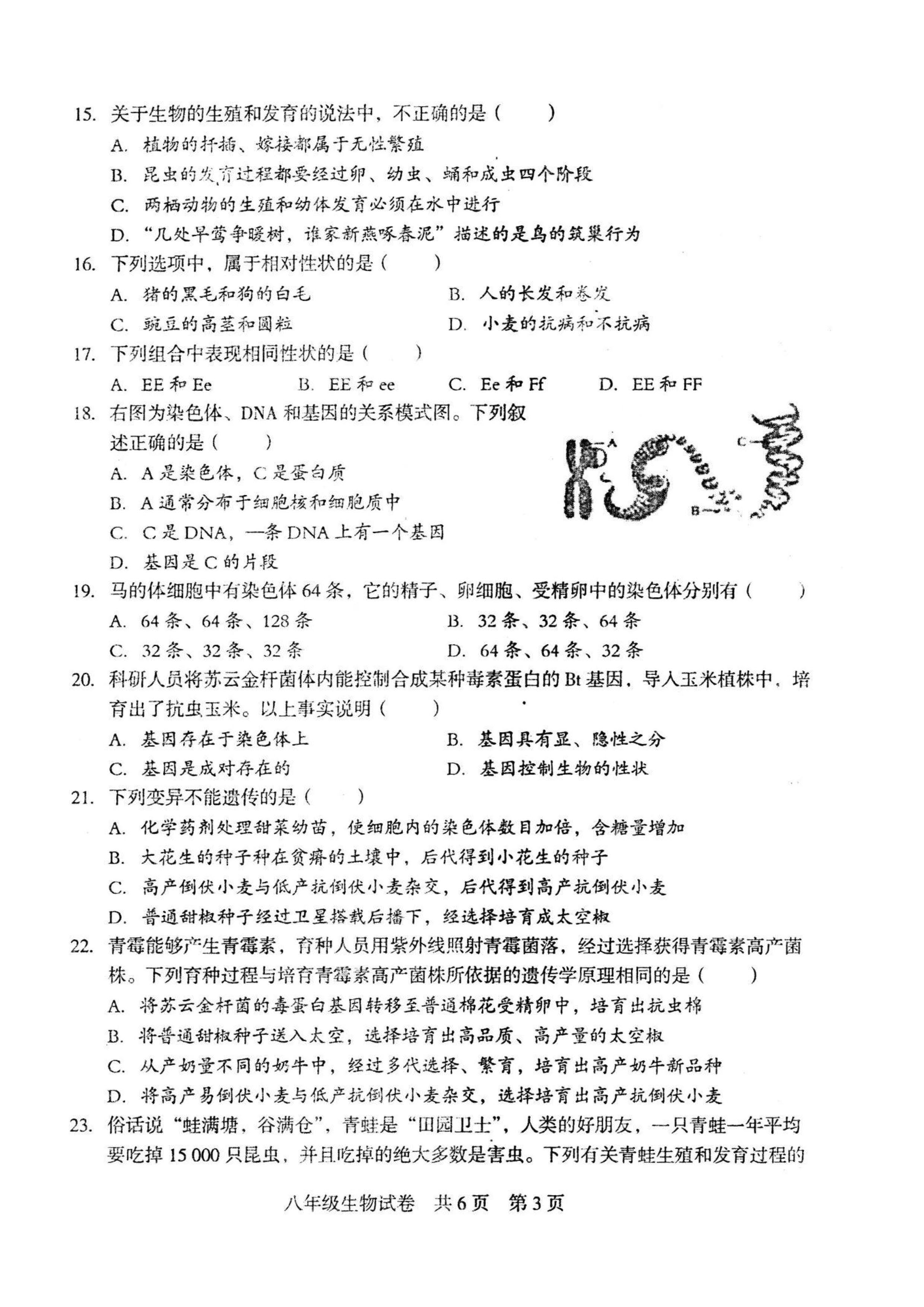 2019-2020湖南娄底八年级生物上册期末试题含答案