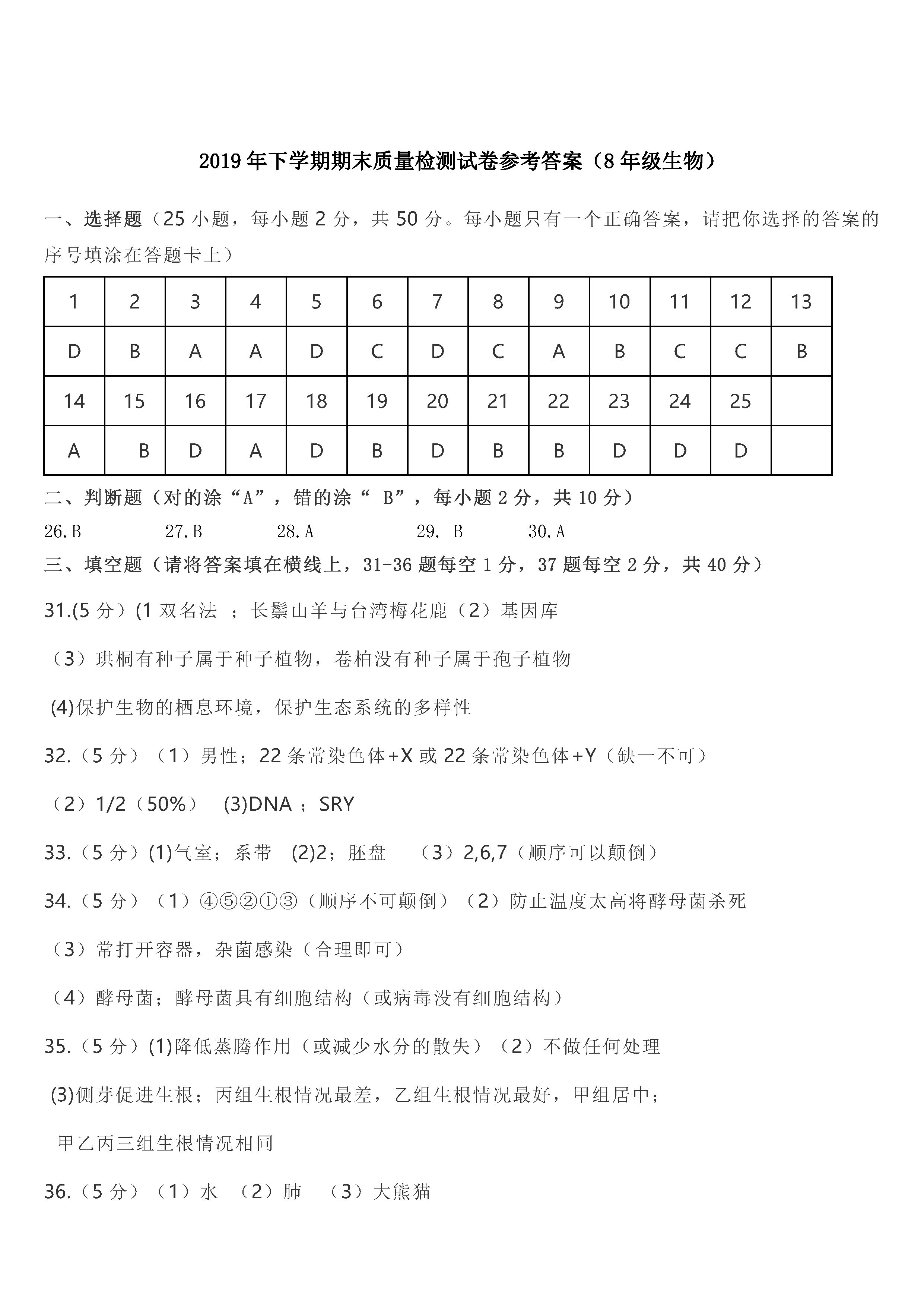 2019-2020湖南娄底八年级生物上册期末试题含答案