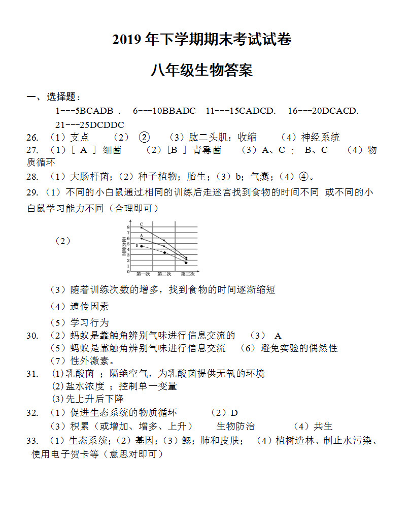 2019-2020湖南邵阳市八年级生物上册期末试题含答案
