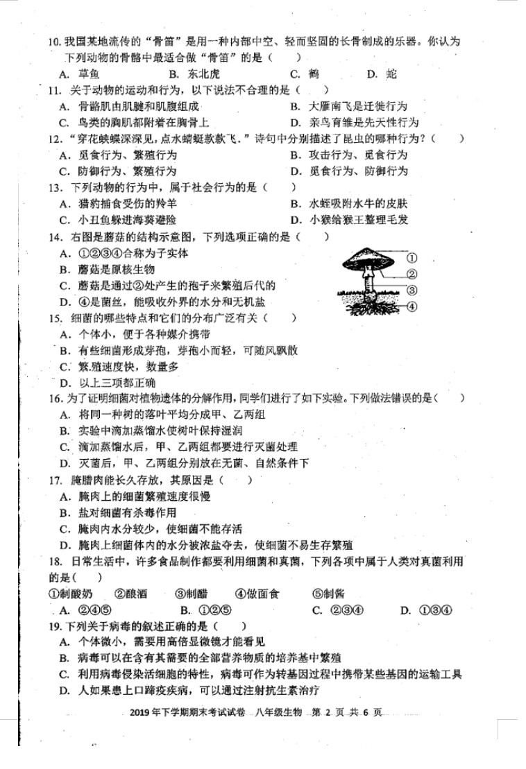 2019-2020湖南绥宁县民中八年级生物上册期末试题