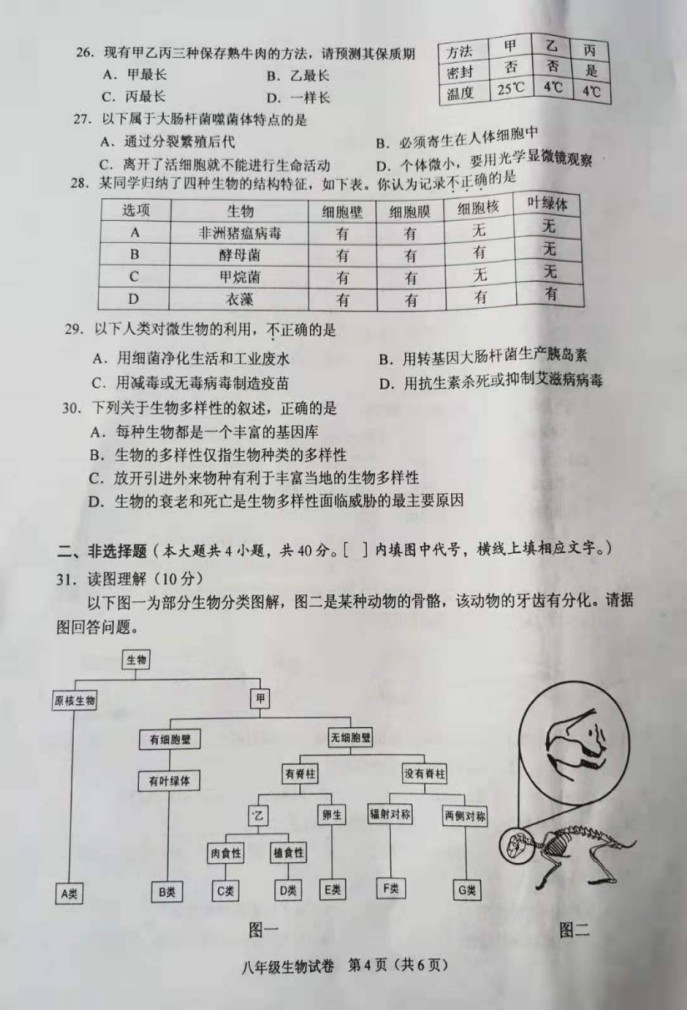 2019-2020广东中山八年级生物上册期末试题无答案（图片版）