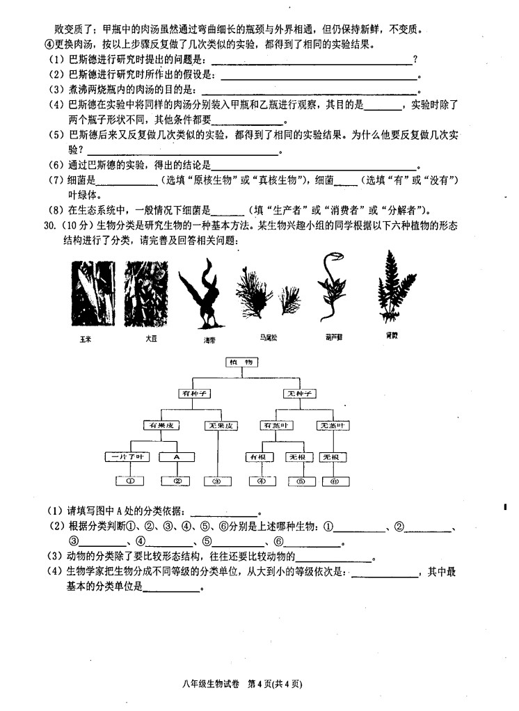 2019-2020贵州黔东南州八年级生物上册期末试题无答案