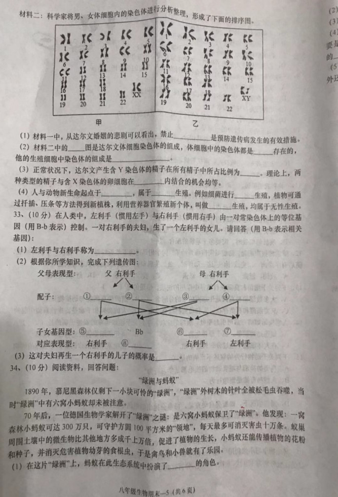 2019-2020广东揭阳八年级生物上册期末试题无答案（图片版）