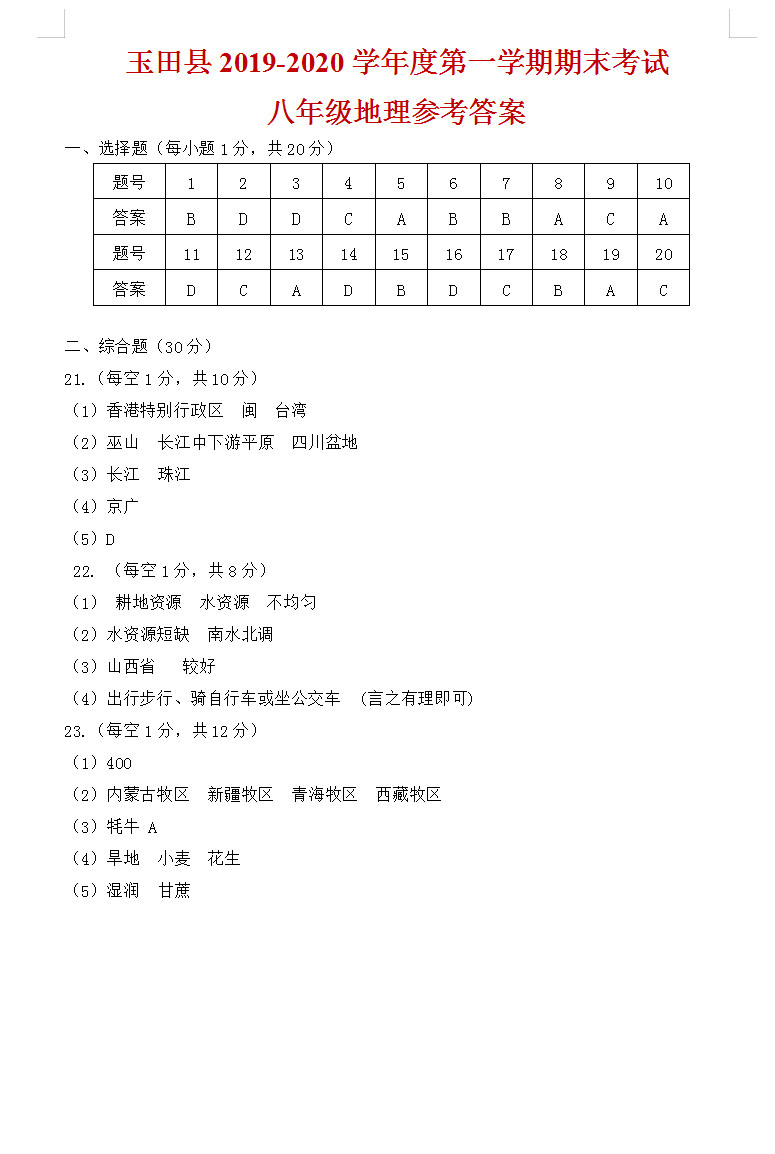 2019-2020河北唐山八年级上册生物期末试题含答案