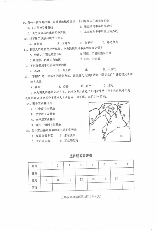 2019-2020河北保定八年级地理上册期末试题