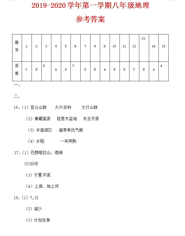 2019-2020河北保定八年级地理上册期末试题