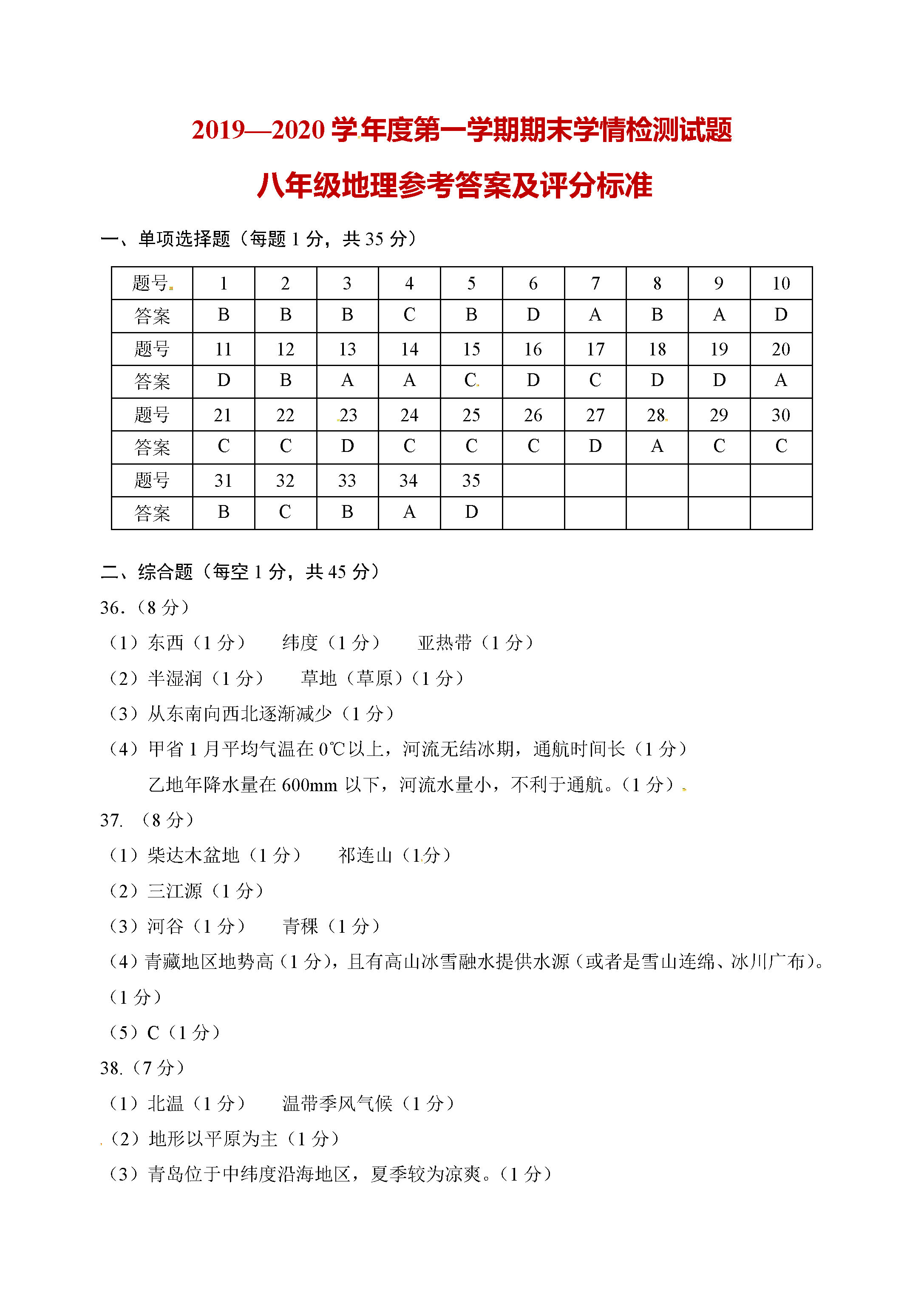 2019-2020青岛西海岸新区八年级地理上册期末试题