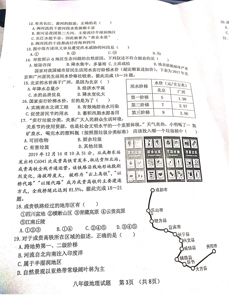 2019-2020山东滨州市八年级地理上册期末试题无答案（图片版）