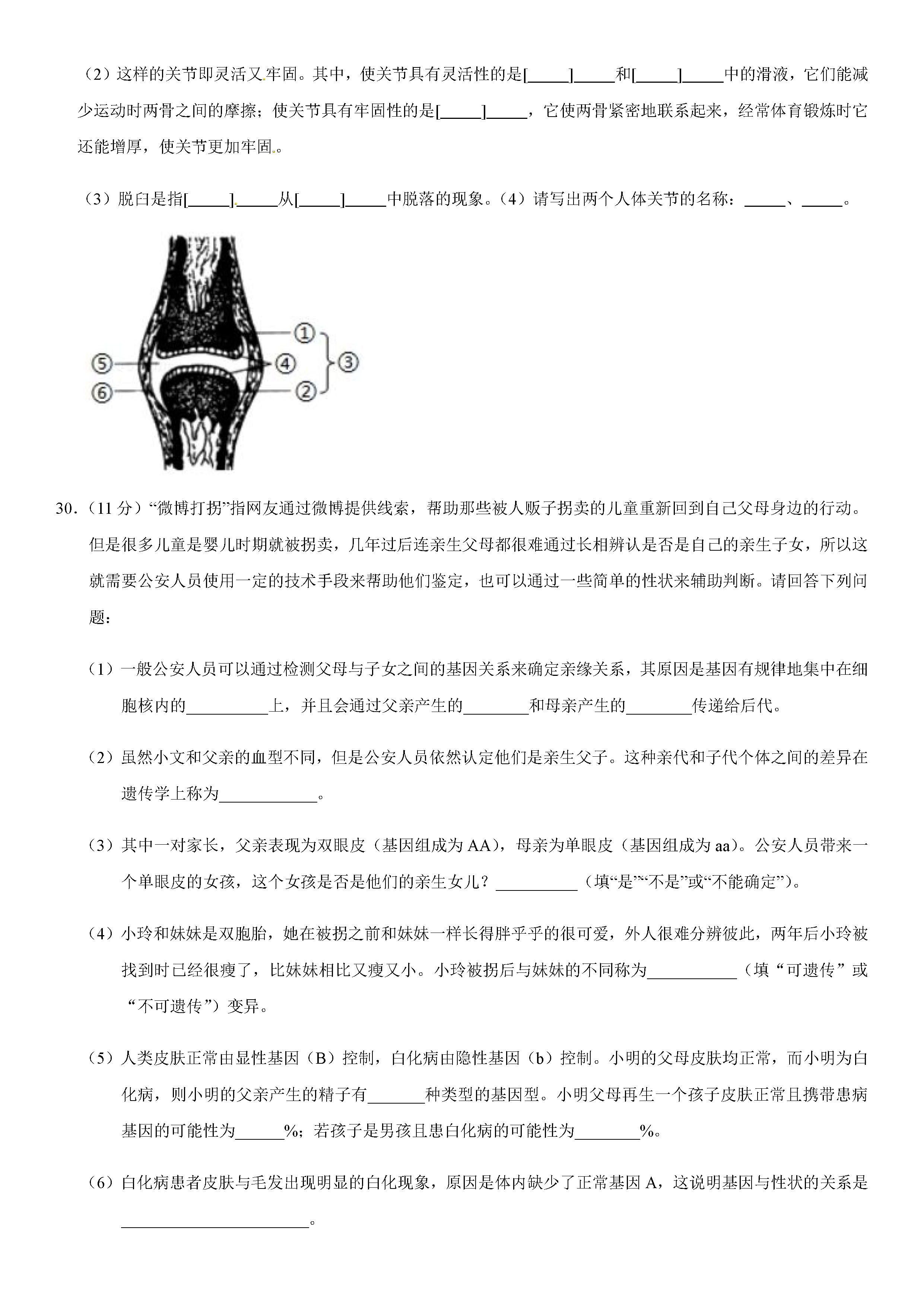 2019-2020莆田二十四中初二生物上册期末试题无答案