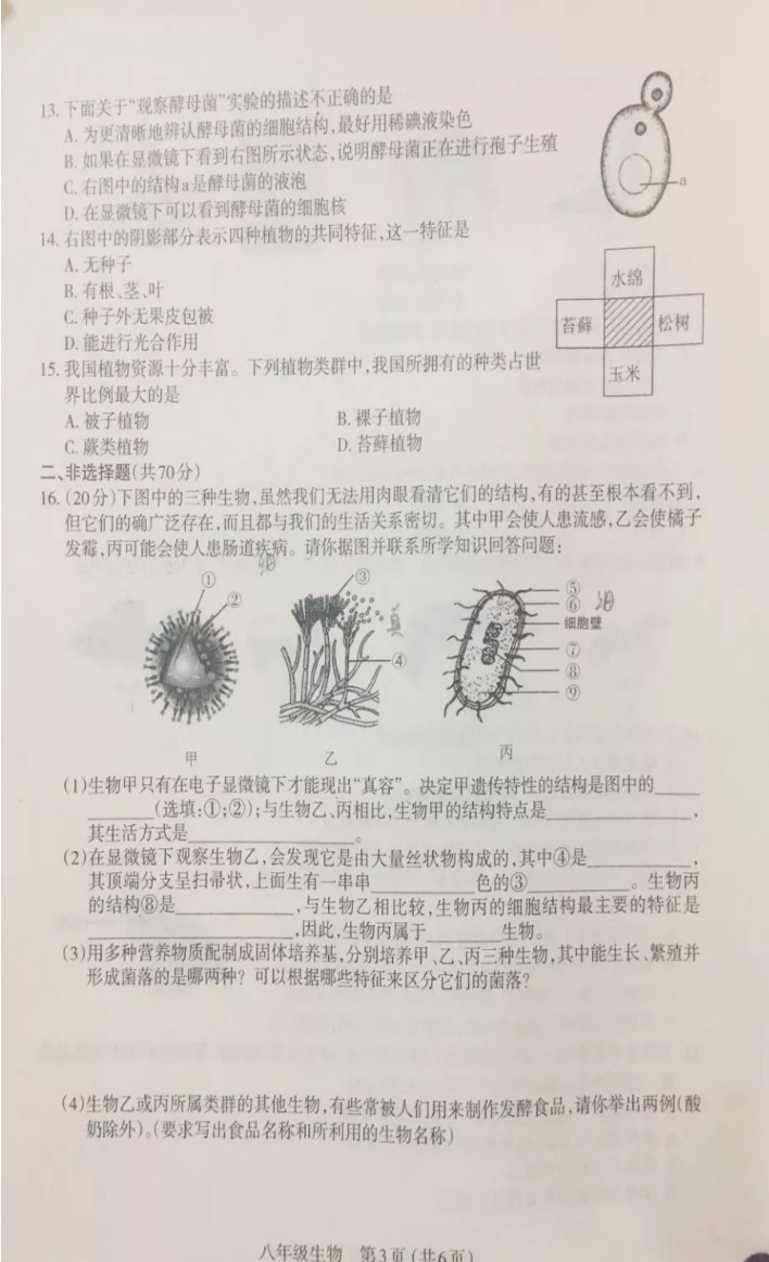 2019-2020山西太原初二生物上册期末试题无答案（图片版）